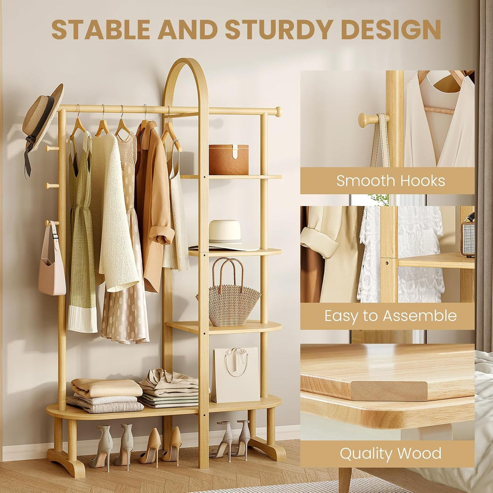 41.3" Wide 3-in-1 Freestanding Clothing Rack, Wooden Coat Rack with 4 Sh...