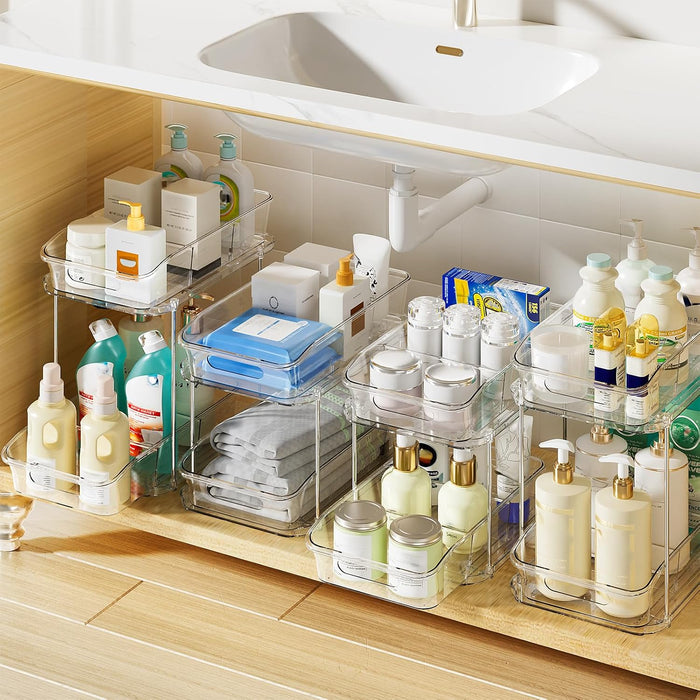 Delamu 2-Tier Under Sink Organizers and Storage, Multi-Purpose Stackable Bathroom Cabinet organizers, Pull Out Kitchen Pantry Organization and Storage with Dividers(4 Pack, Clear)