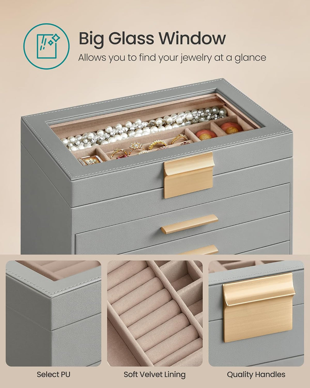 SONGMICS Jewelry Box Organizer, 6-Layer Storage with 5 Drawers, Glass Lid