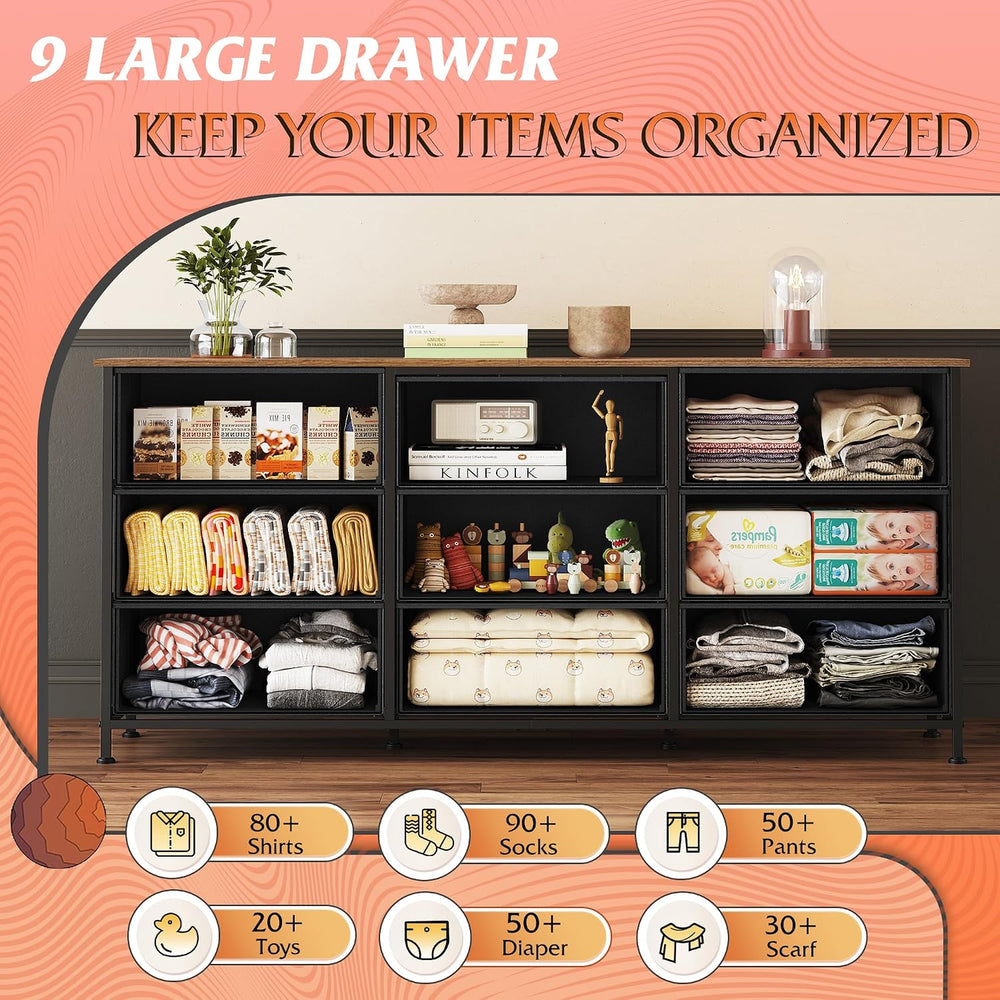 WLIVE Dresser TV Stand for 65 Inch TV, 9 Drawer Dresser, Rustic Brown