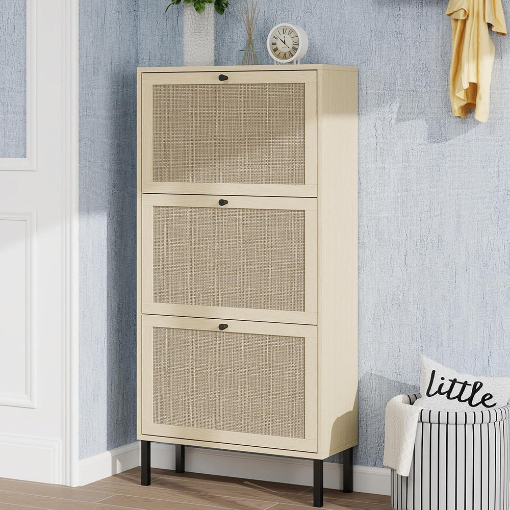 Rattan Shoe Cabinet with 3 Flip Drawer Slim Narrow Shoe Rack Cabinet with Sto...