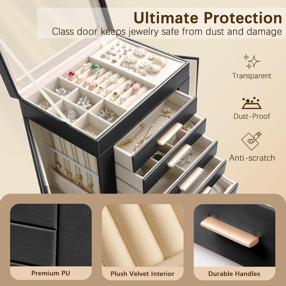 Homeanda Jewelry Boxes with Glass Lid, 6-Layer Large PU Leather, Black