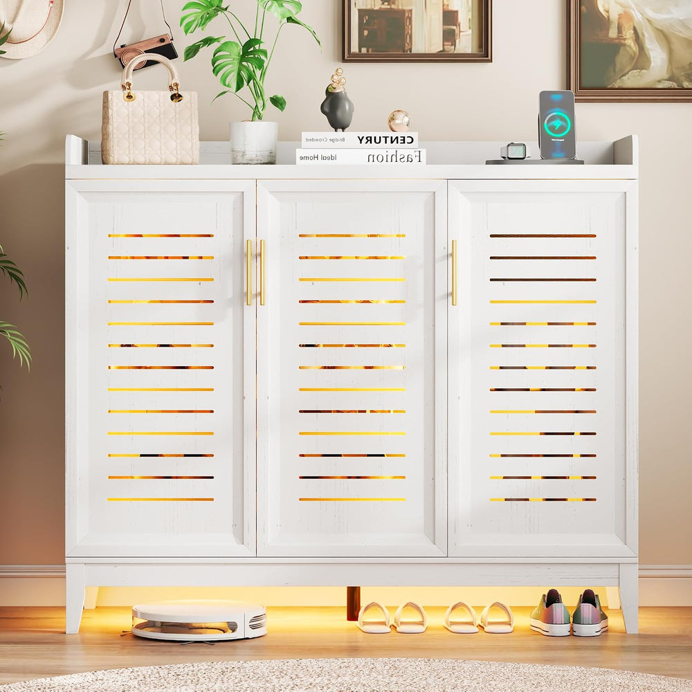 Vlsrka Rotating Shoe Storage Cabinet with Slatted Doors and Lights, White