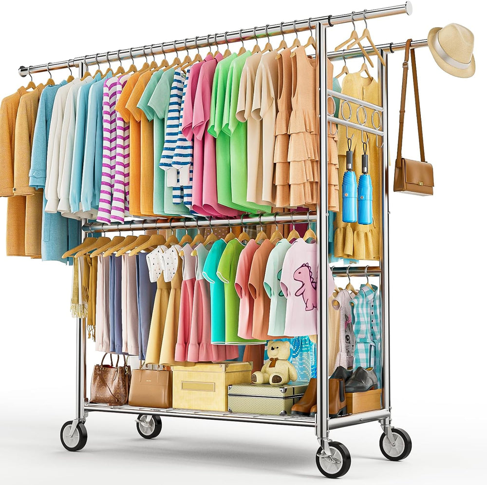 Heavy Duty Clothes Rack Load 1060LBS, Four Rods Rolling Clothing Racks for Ha...