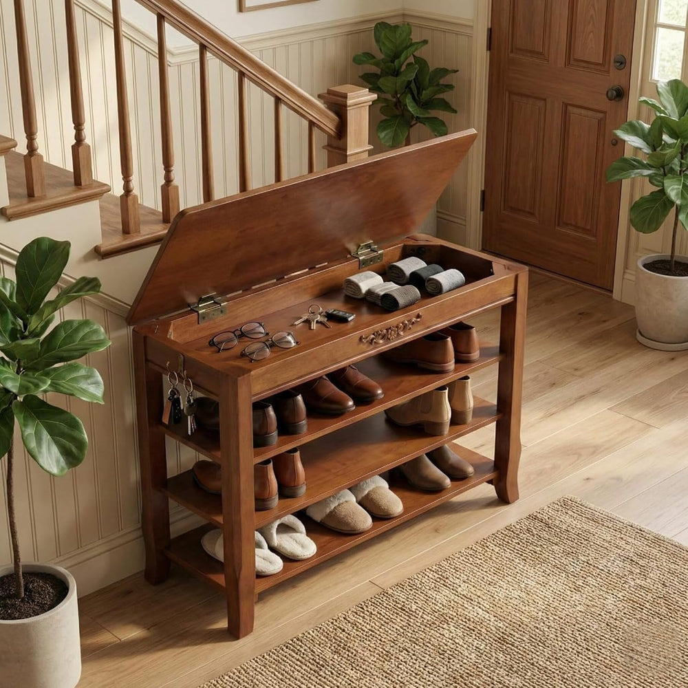 Shoe Rack Bench with Storage 3 Tier Solid Wood Entryway Shoe Rack 31.5"