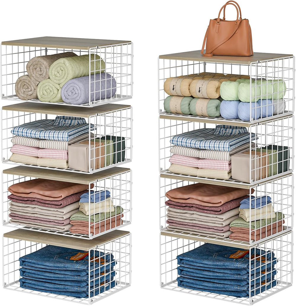 Hencawima 4 Pack Stackable Closet Storage Shelf Organizer Metal White