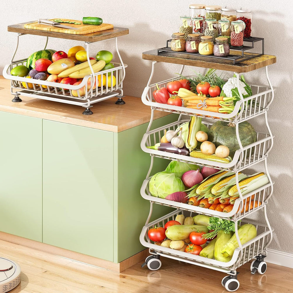SAYZH 5-Tier Fruit and Vegetable Basket Stand for Kitchen, Wood Top, White