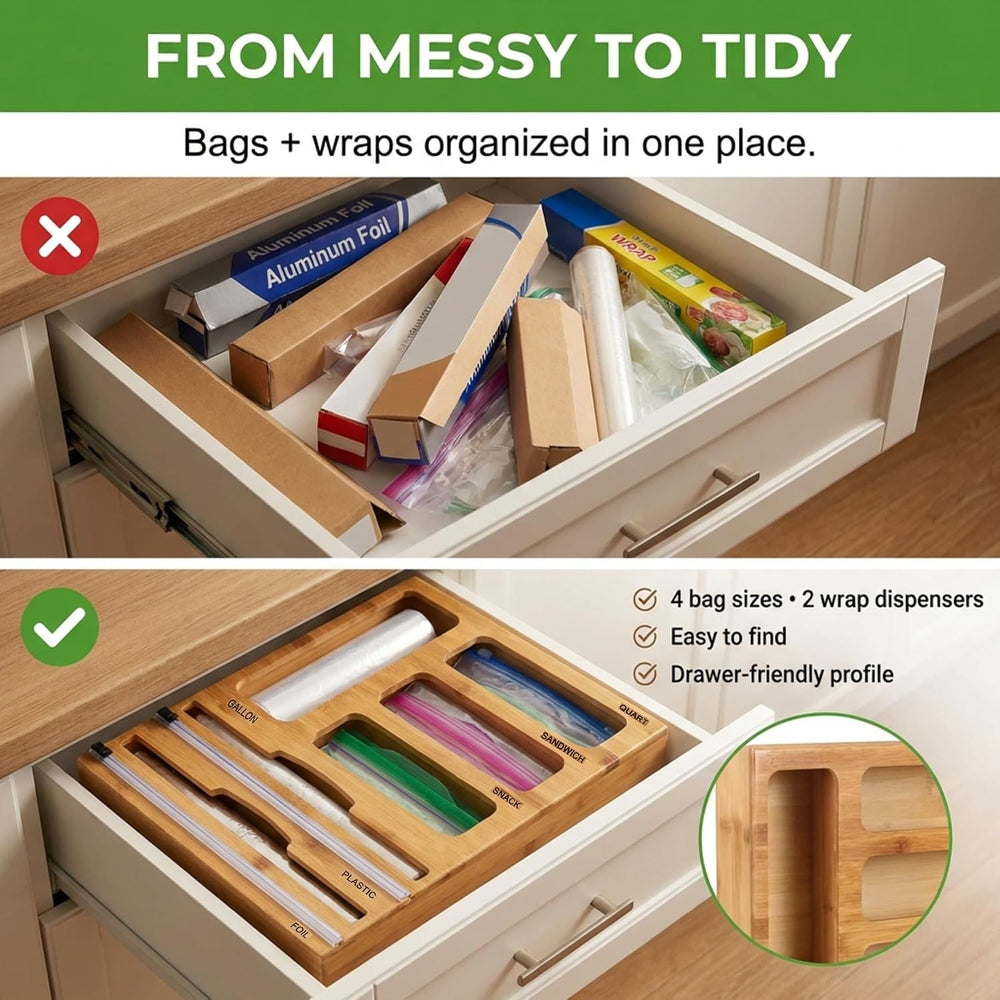 Bag Storage Organizer for Kitchen Drawer and Plastic Wrap Dispenser with Cutt...