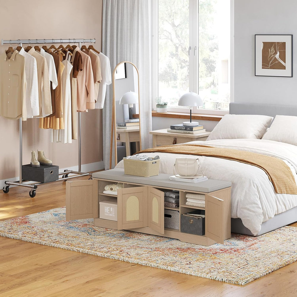 DINZI LVJ Shoe Storage Bench with Cushion, Door, Natural Oak 47.2" LX17.7 H
