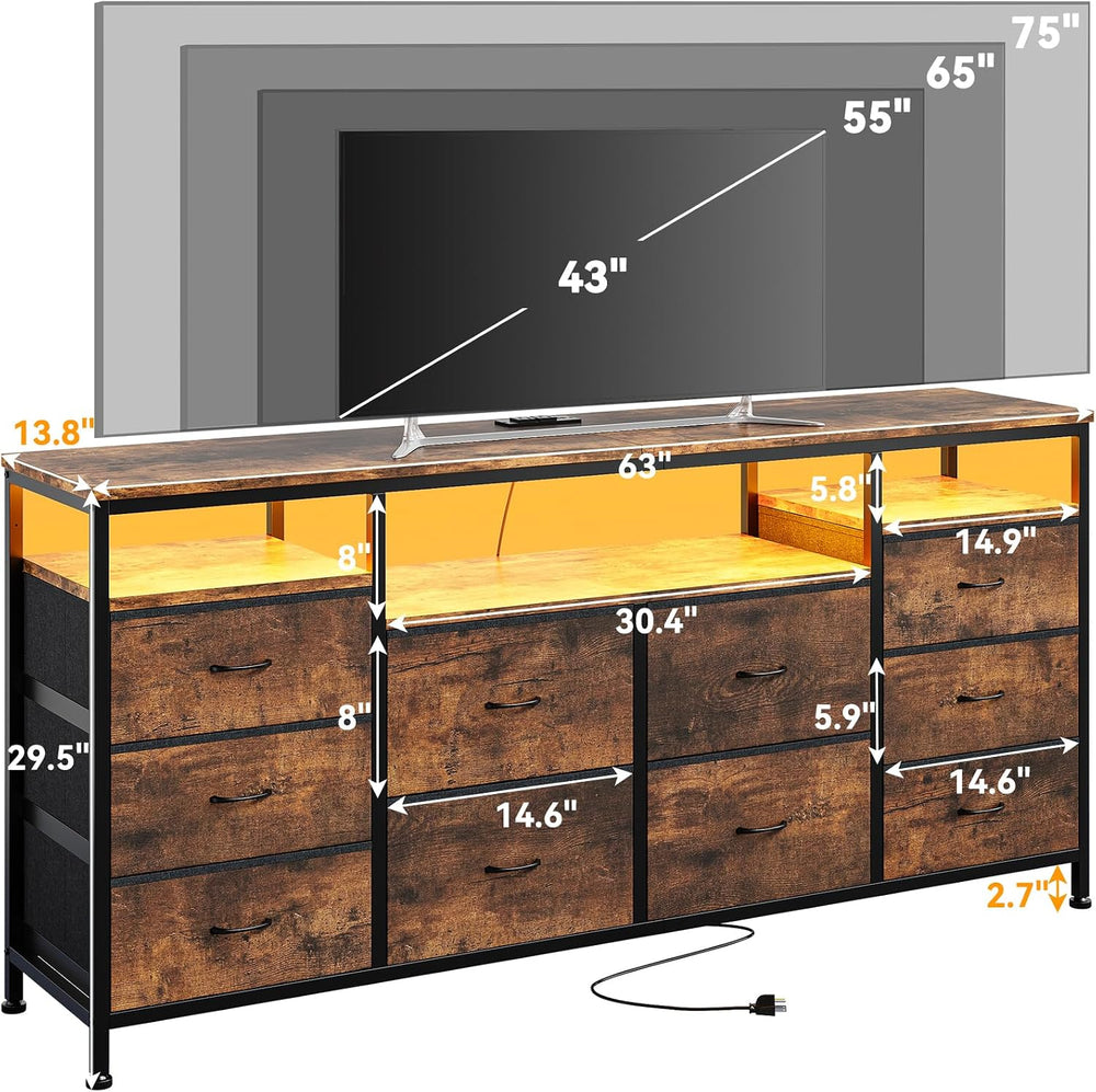 Garvee Dresser for Bedroom with LED Lights & Power Outlets, 63 Inch TV St...