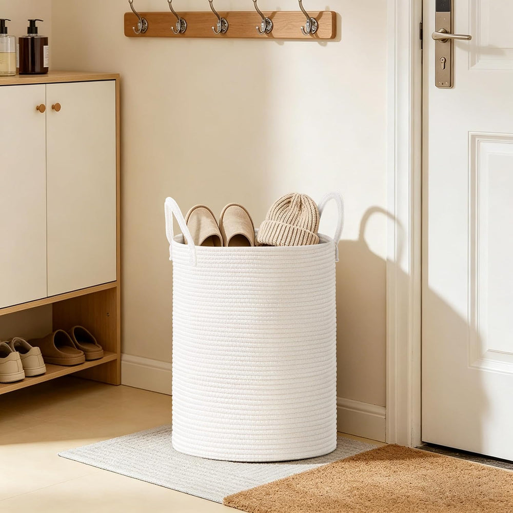 88L Large Tall Cotton Rope Laundry Basket with Handles, White
