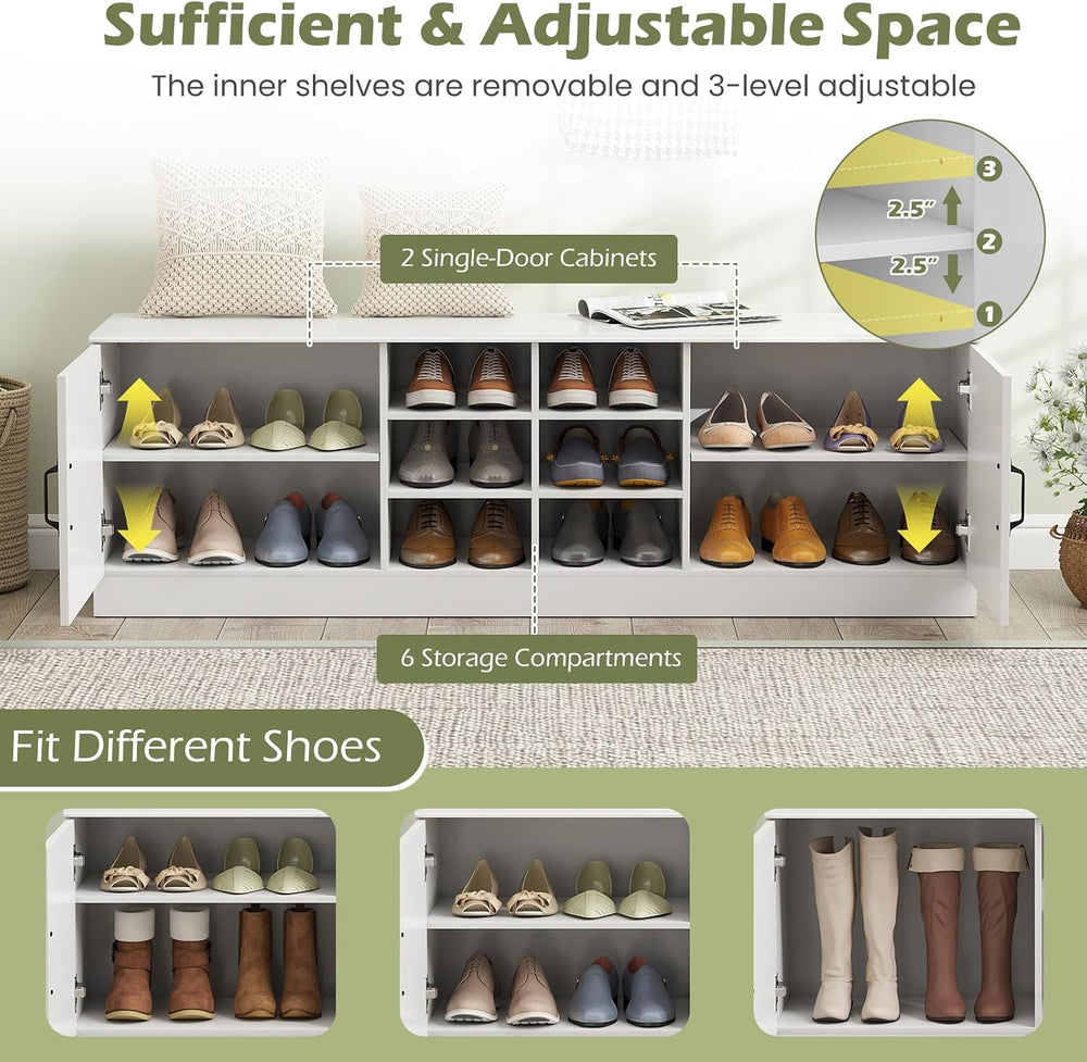 Giantex 2-Door Shoe Storage Bench, Wooden Entryway Bench with Storage, Adjust...