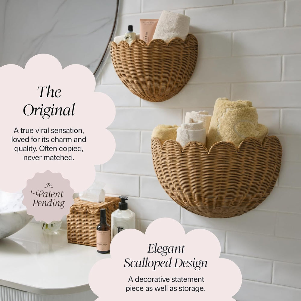 BEBE BASK The Original Scalloped Wicker Wall Basket – Set of 2 (16x10x7 In)