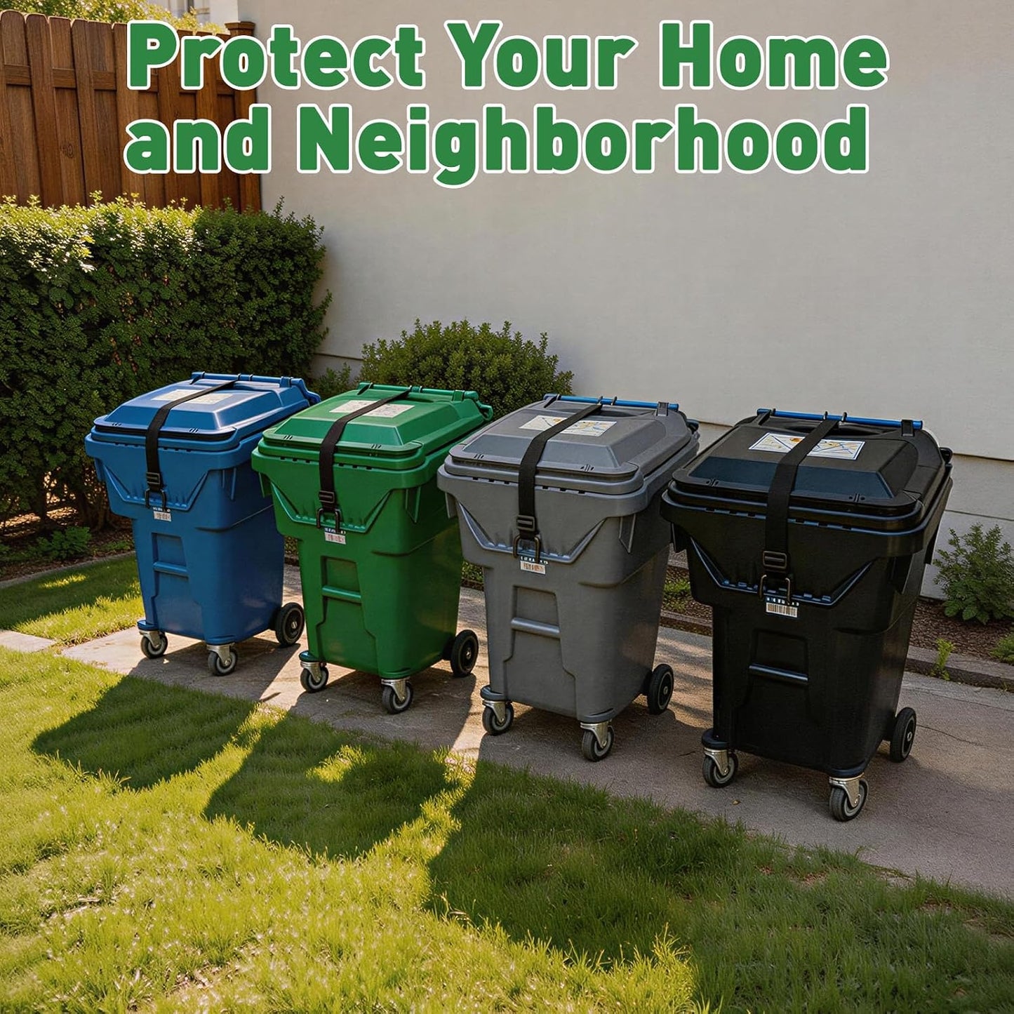 ANKS Heavy Duty Bear & Raccoon Proof Trash Can Lock - Metal Hook | Windproof, 20-35" Adjustable Strap, Fits 28-96 Gal Bins, tool-free, Non-slip double claw design,Black.