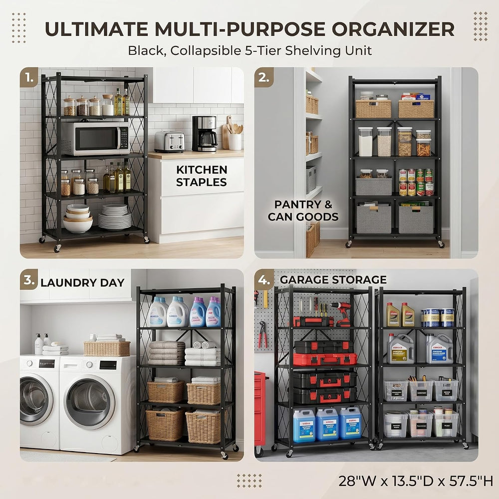 5-Tier Foldable Storage Shelves with Wheels, Heavy-Duty Metal Rolling Rack, N...