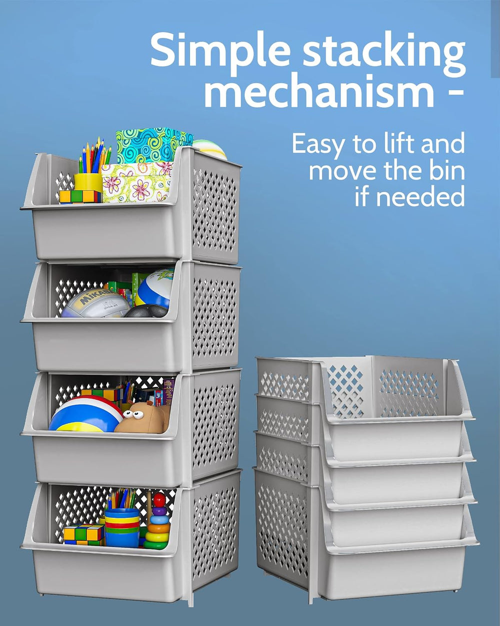 Stackable Storage Bins Open Front for Pantry Storage, 4 Pack - Light Grey