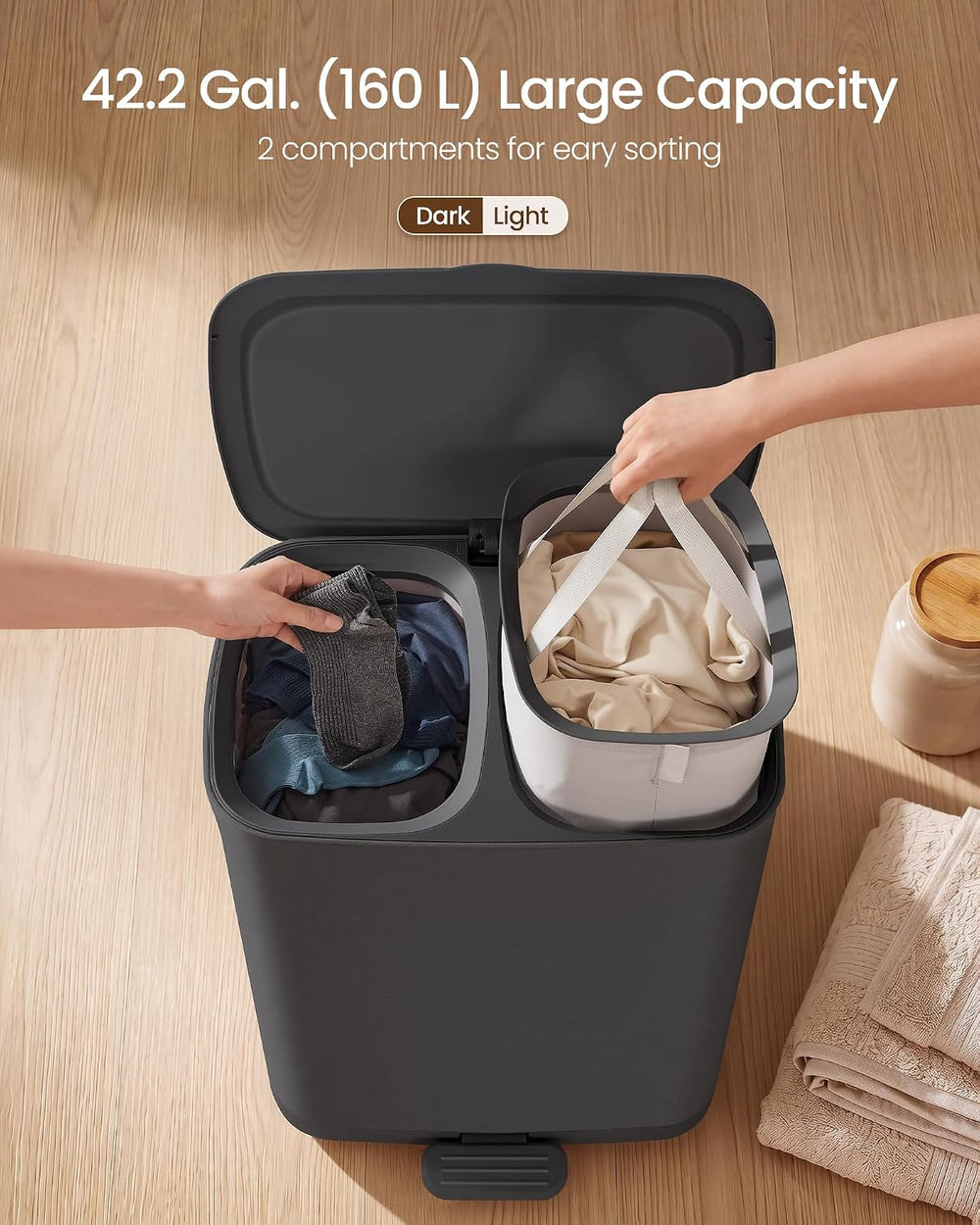 SONGMICS Laundry Hamper with Lid and Pedal, 160L Laundry Basket,2 Sections