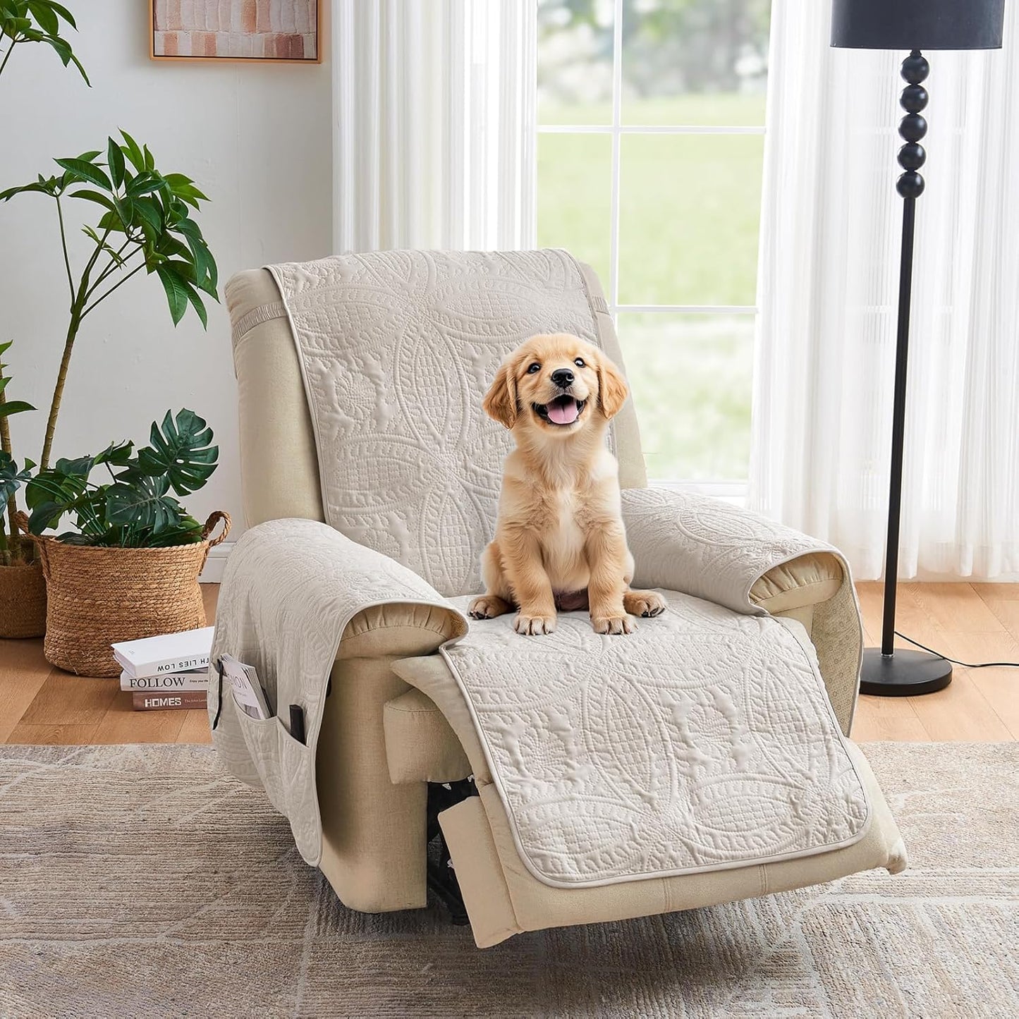 Beige Quilted Recliner Chair Covers, Water-Repellent Recliner Slipcovers, Lazy Boy Chair Covers, Pet Friendly Recliner Covers for Dog, Washable Armchair Protector (Recliner 22", Beige Cream)