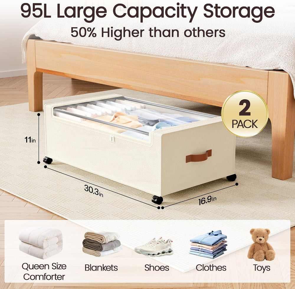 Yecaye 95L Under Bed Storage Containers, Fits 11" Under Bed, 2 Pack, Beige