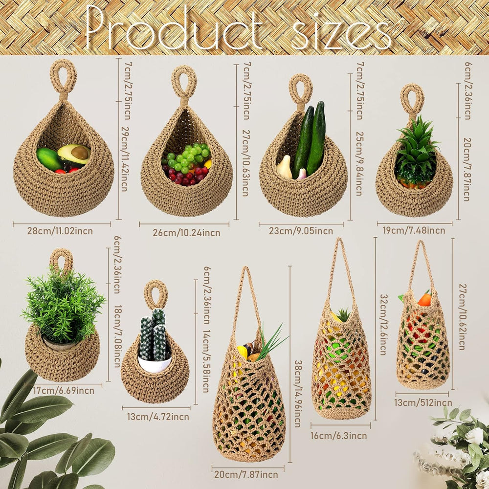 9 Pcs Jute Fruit Hanging Baskets for Kitchen, Boho Woven Wall Baskets, Produc...