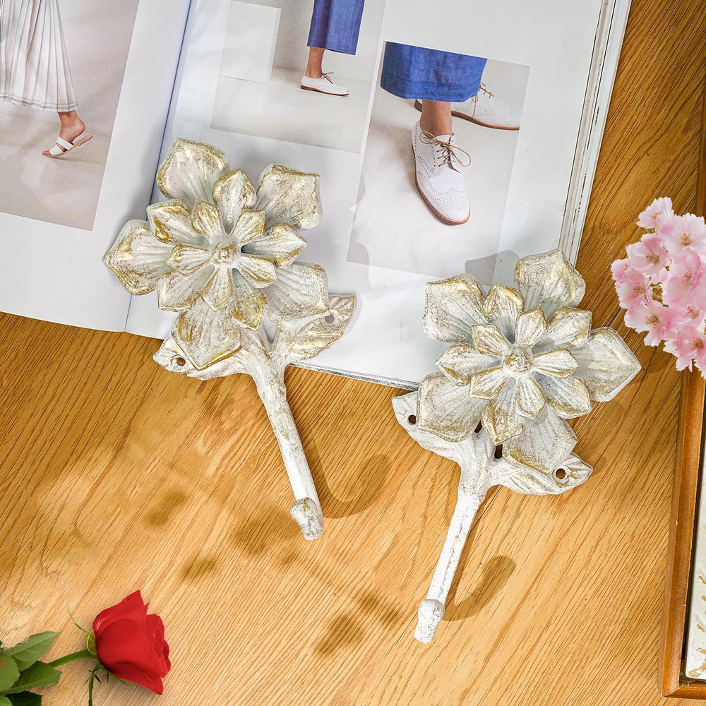 Sungmor 2 Pack Cast Iron Coat Hooks - Flower Shaped& Rustic White