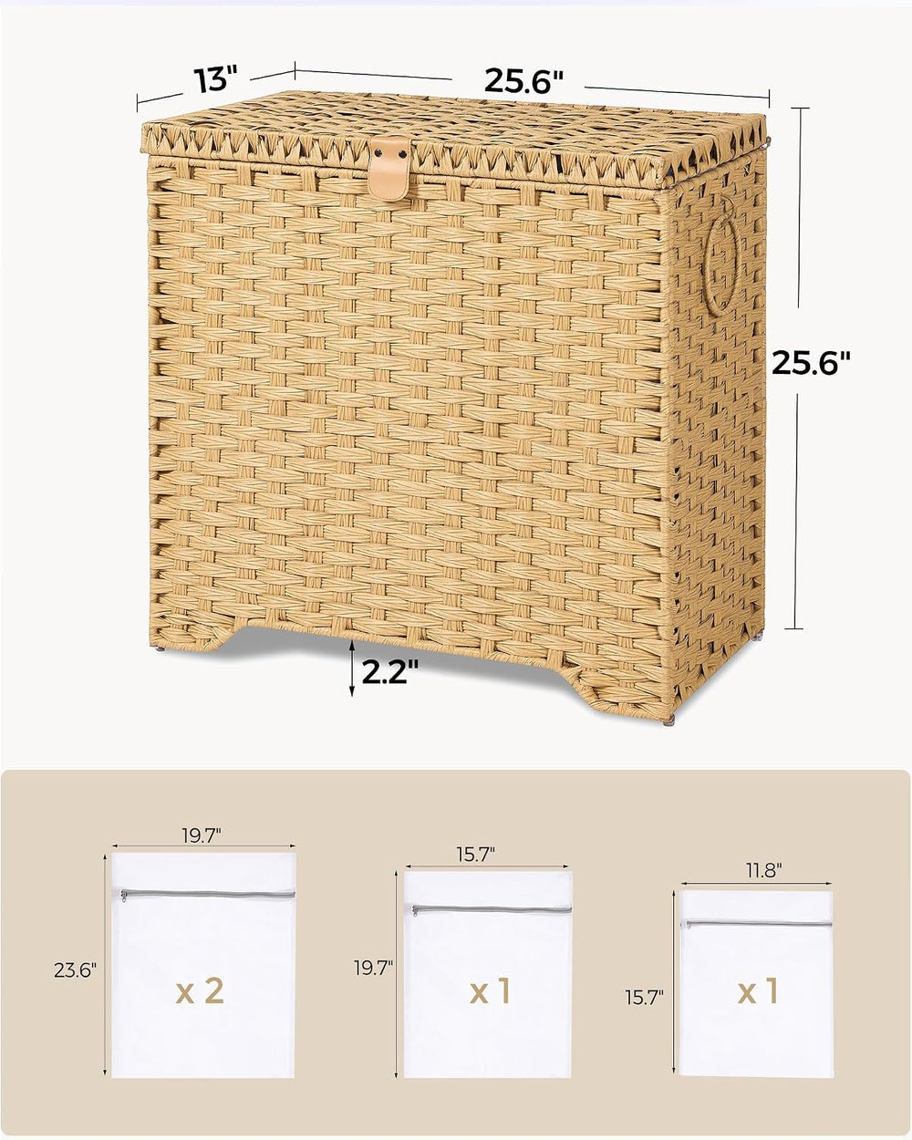 130L Wicker Laundry Hamper with Lid, 3-Section Laundry Basket