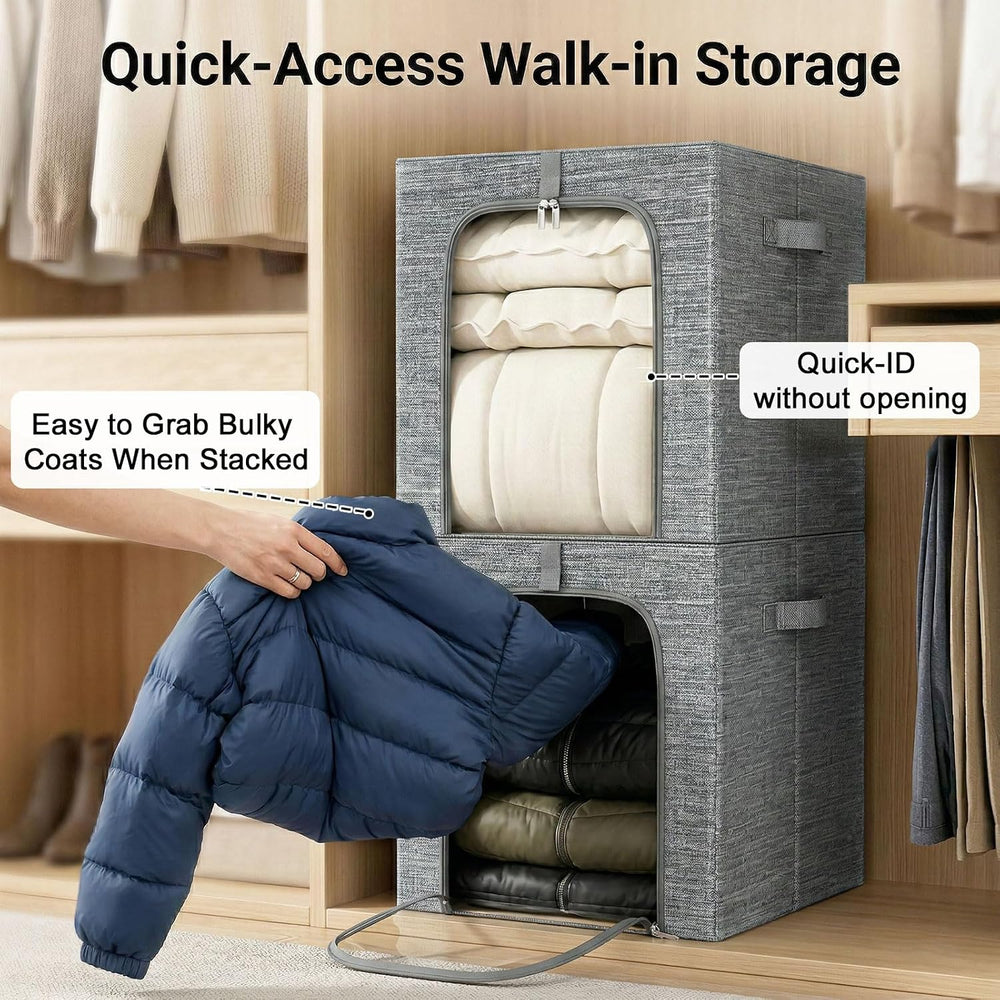 GoMaihe Blanket Storage Bins with Metal Frame for Closet, 55L 4-Pack Grey