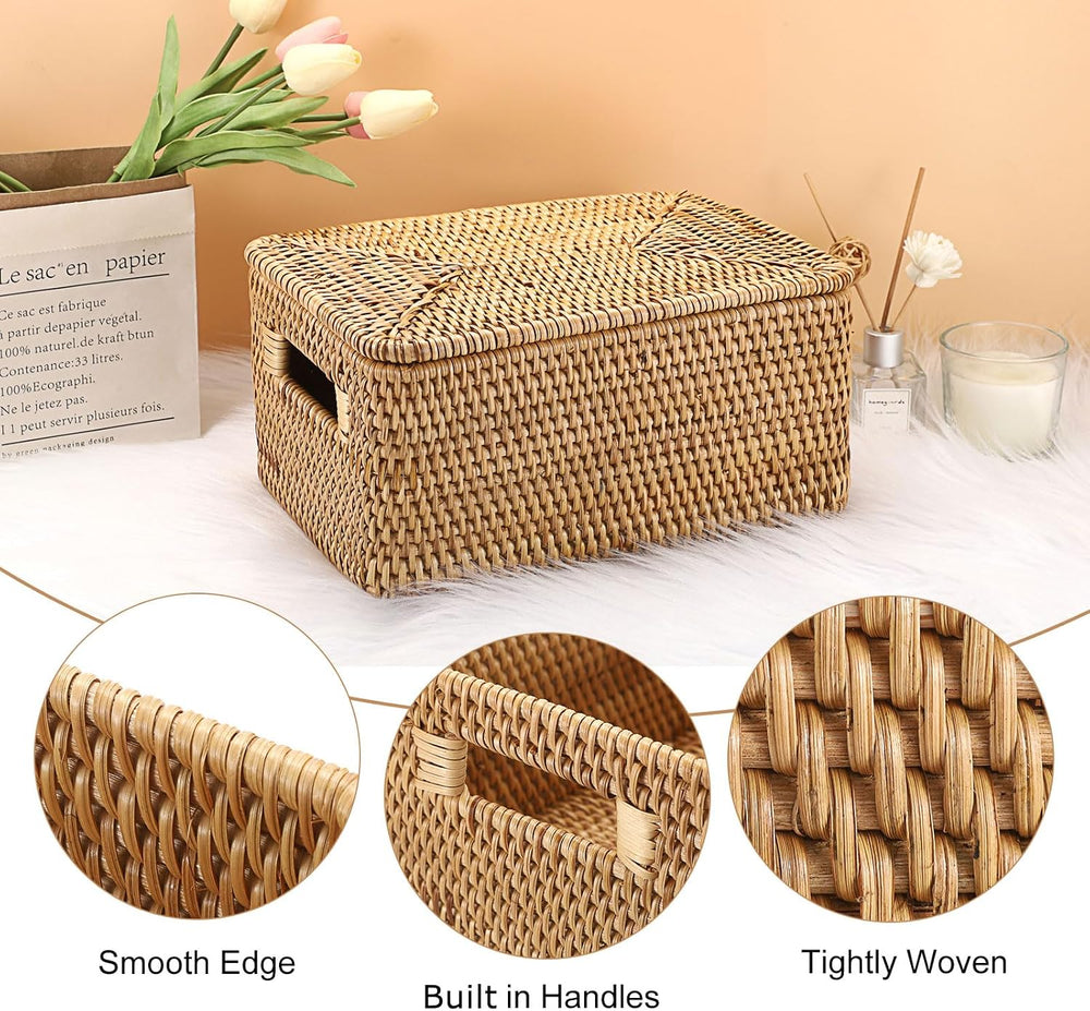 Hipiwe Rattan Basket with Lid Rectangular Lidded Wicker Storage Basket Bin