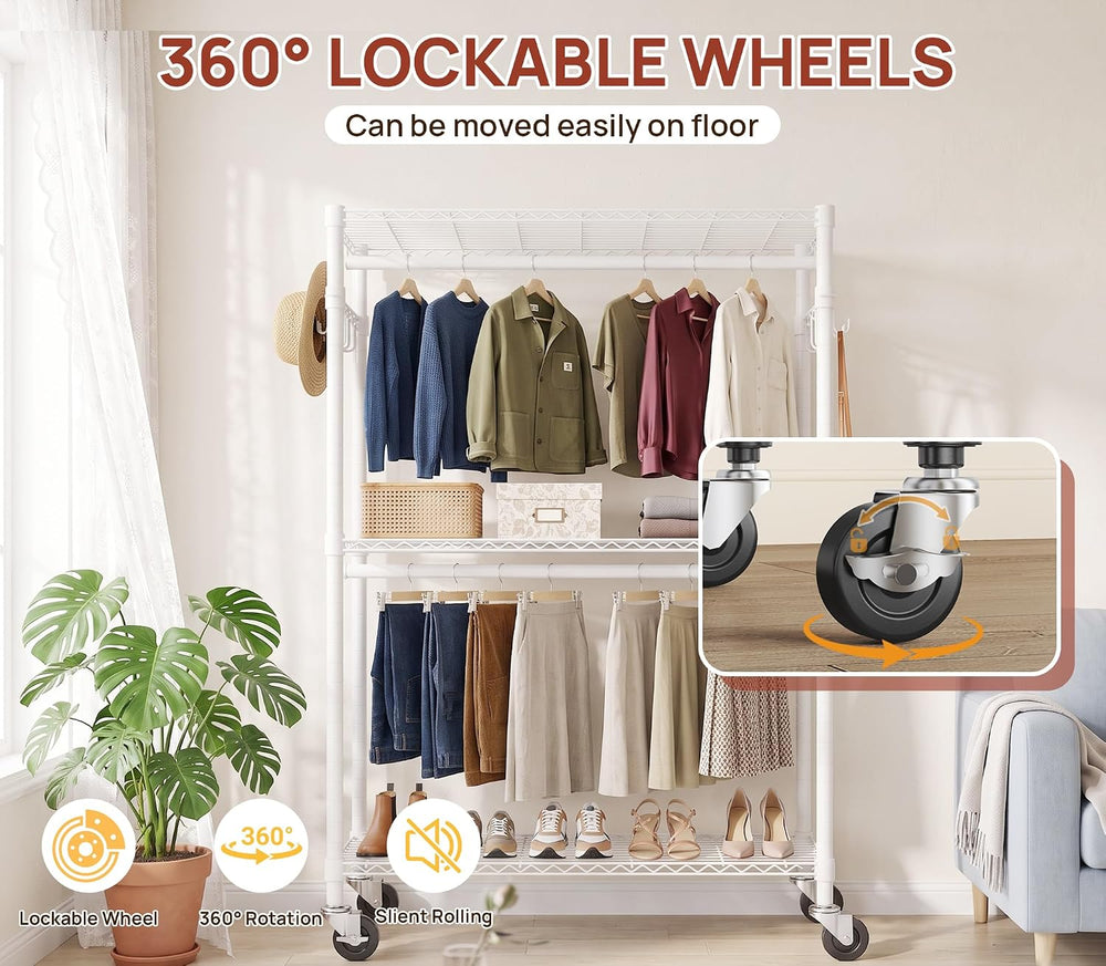 Alpen Double Hanging Rrods Clothes Rack wih Wheels, Easy to Assemble, White