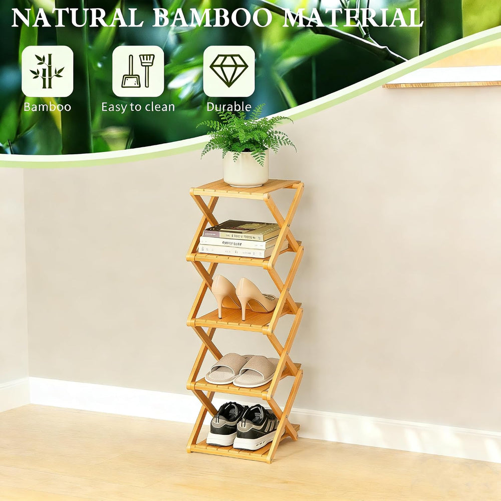 Bamboo Shoe Rack - No Assembly Required, Tall Narrow Foldable Shoe Organizer,...