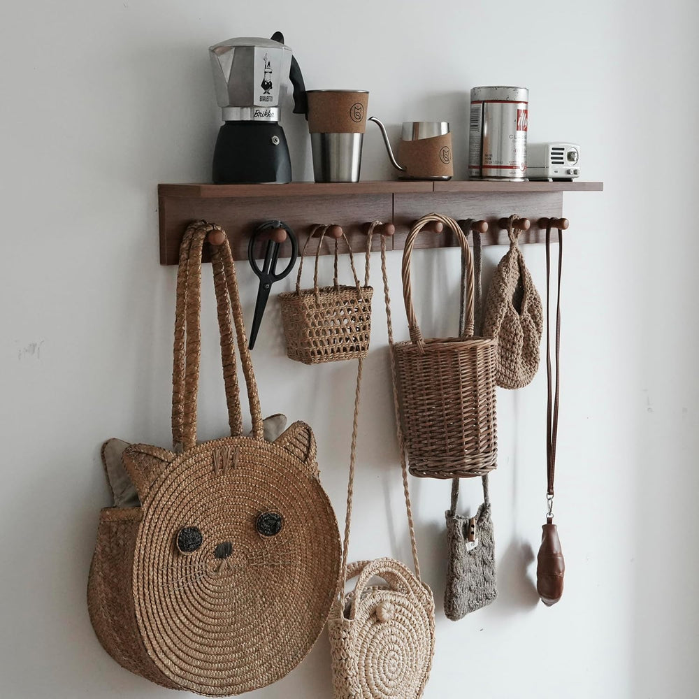 Wall Mounted Coat Rack with Shelf, 2 Pack Rustic Brown Floating Shelf with 8 ...