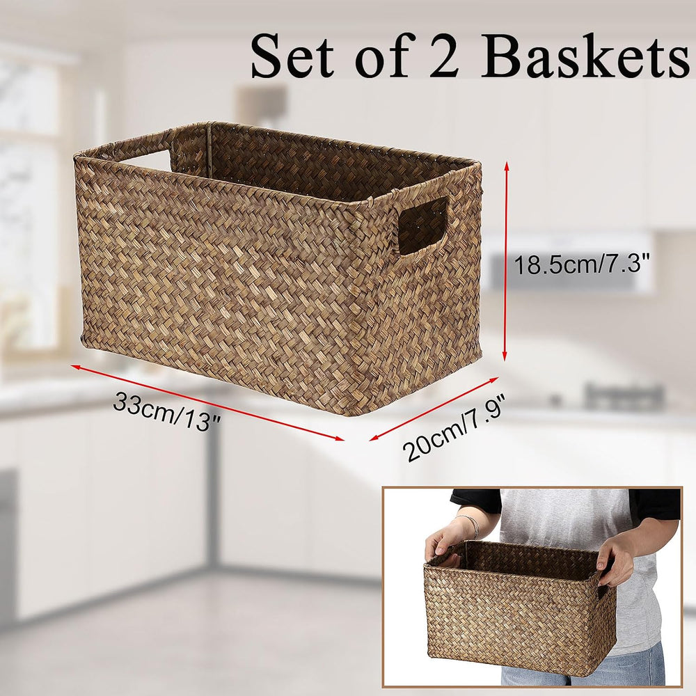 Hipiwe 2 Pack Natural Seagrass Basket with Handles Decorative Wicker Basket B...