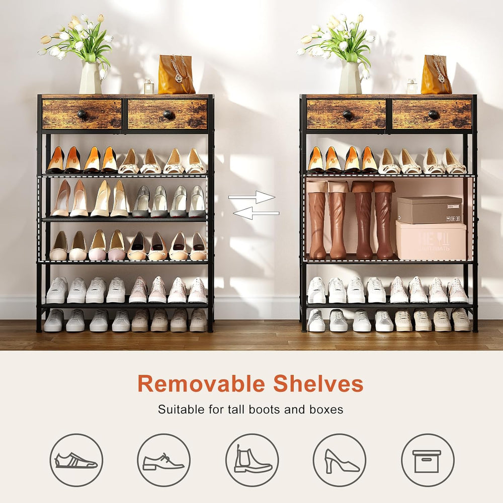 5 Tier Shoe Rack with 2 Drawers, Rustic Brown
