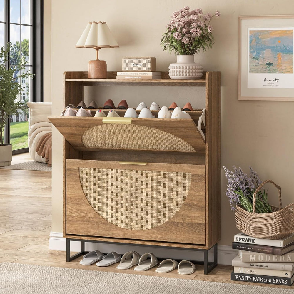 Maupvit Rattan Shoe Storage Cabinet with 2 Flip Drawers, Freestanding Shoe Or...