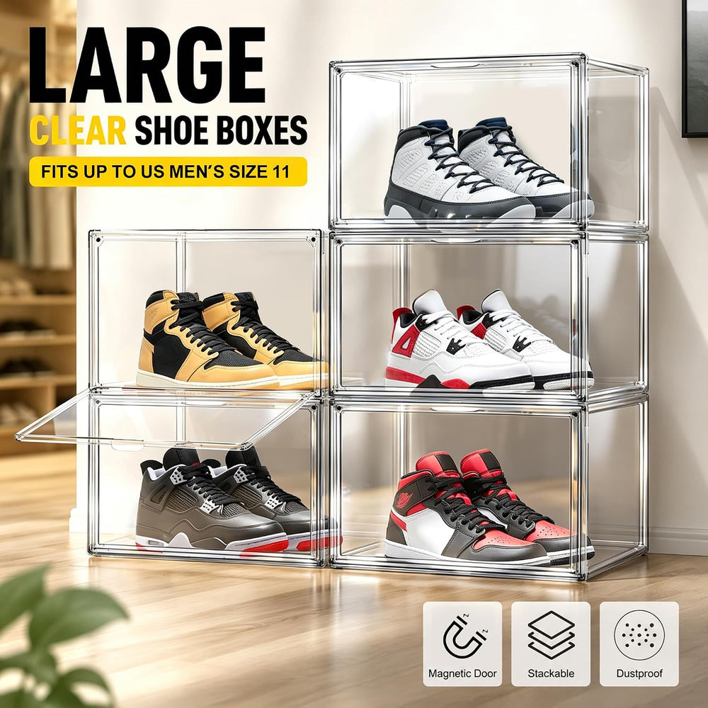 5 Pack Clear High-Top Sneaker Boxes, Wide Magnetic Door, Acrylic Shoe Box