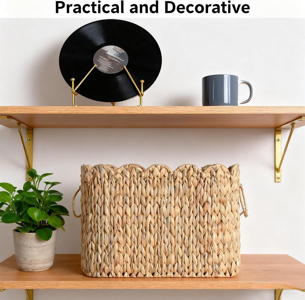Narrow Wicker Toilet Paper Holder Basket with Lid, Scalloped Wicker Storage B...