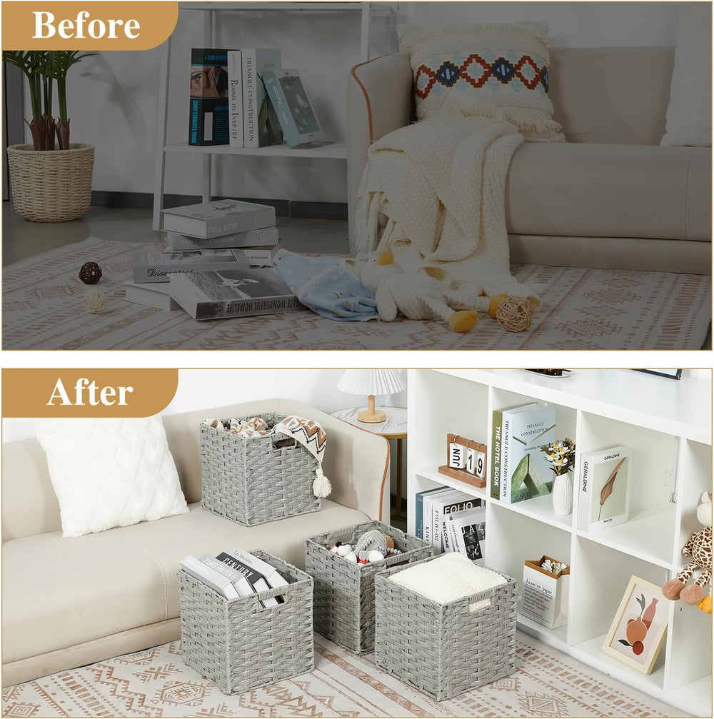 DULLEMELO Wicker Baskets With Liner Set of 4, 11x11x11 Inch Collapsible Stora...