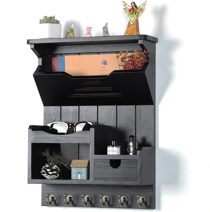 DOPACE Handcrafted Pine Wood Mail Organizer & Key Holder, Black