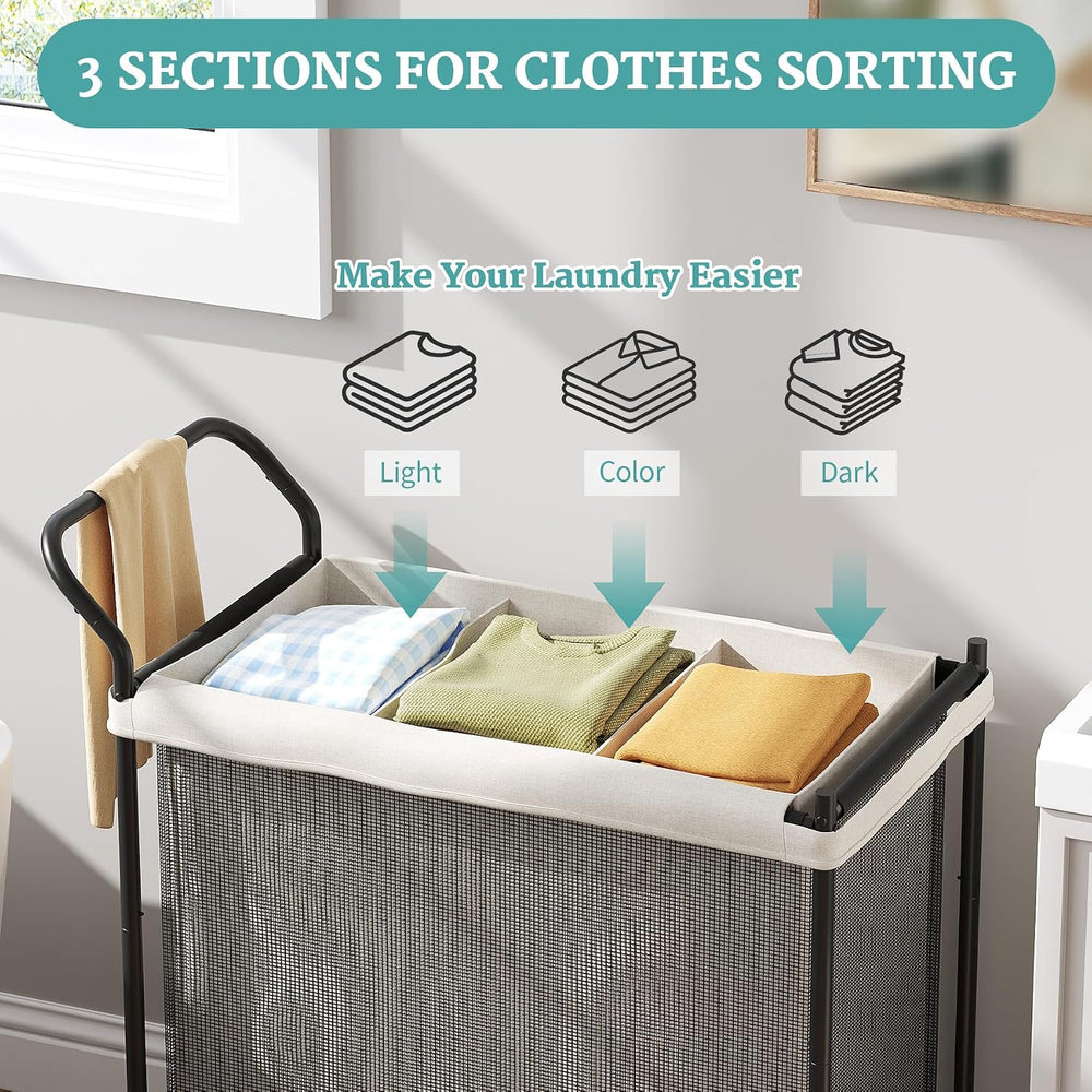 Laundry Hamper 3 Section, Laundry Basket with Wheels-165L, Removable Washable...