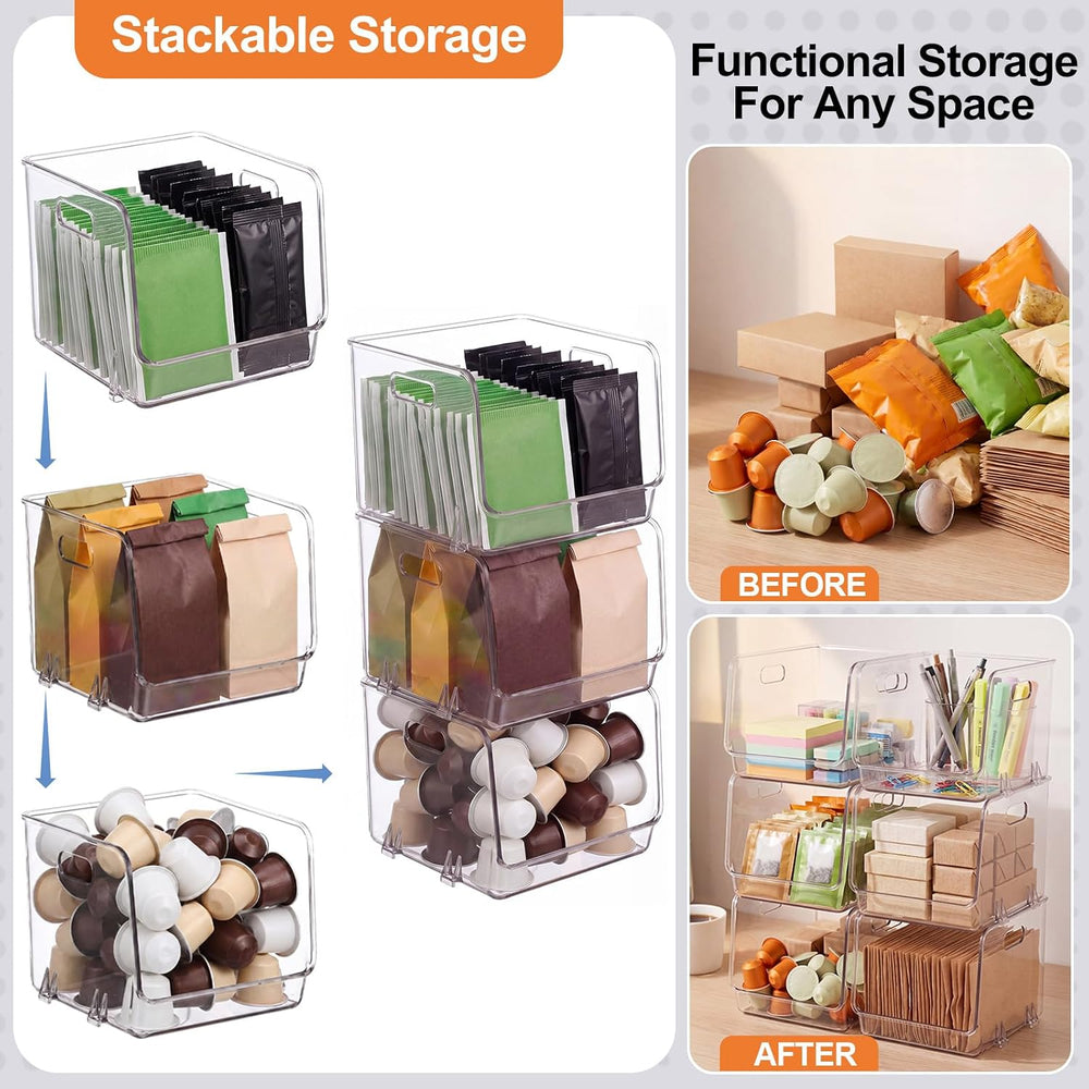 6 Pcs Clear Plastic Storage Bins Stackable Pantry Organizer