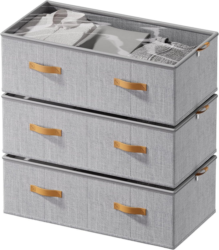 10inch 3 Pack Under Bed Storage Containers, 10 Inch Tall Underbed Clothes Storage Organizer Bin with Clear Window,Foldable Box Basket for Clothes, Closet, Bed Sheets and Blankets Light gray
