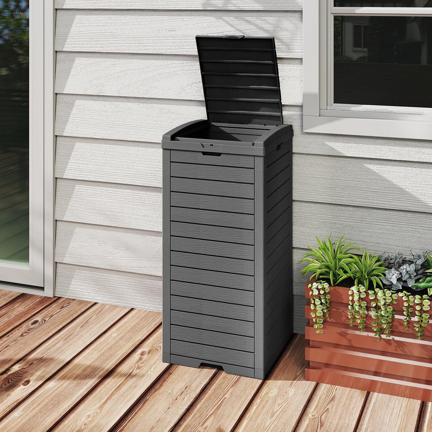 38 Gallon Outdoor Trash Can with Lid, Dual Lid Closure Outdoor Trash Can, Waterproof Resin Garbage Can with Pull-Out Liquid Drawer for Kitchen, Backyard Deck, Patio(Deep Black)