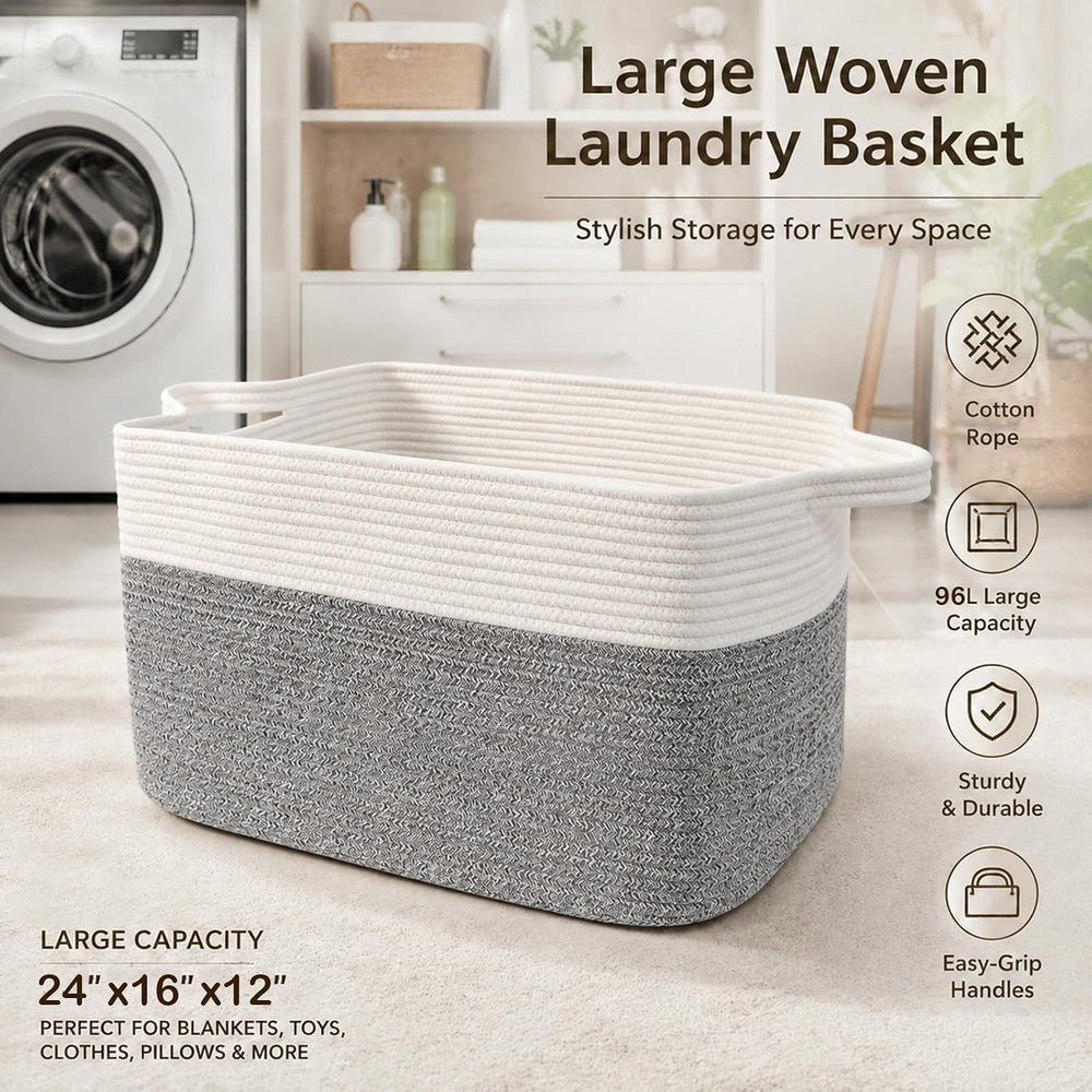 96L Laundry Basket with Handles, Extra Blanket Basket, White/Grey