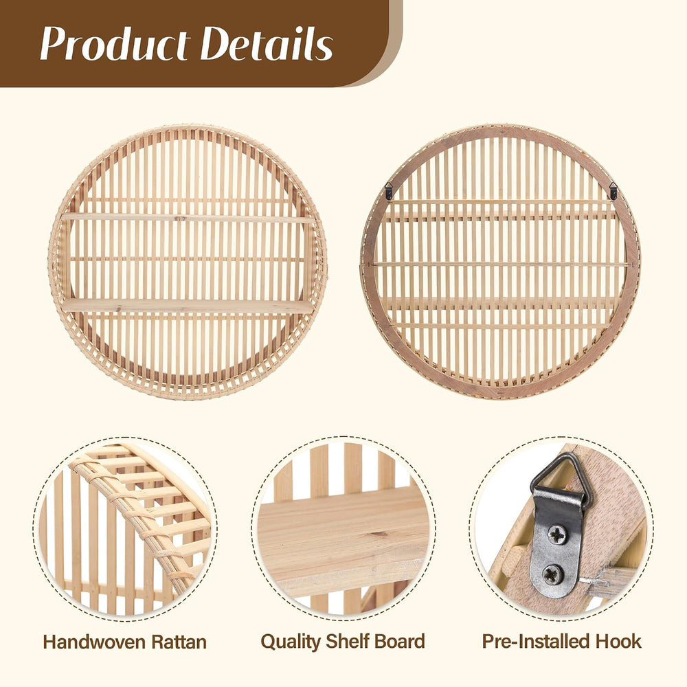 Rattan Wall Shelf 3 Tier Boho Wall Mounted Shelf Farmhouse Handcraft Round Fl...