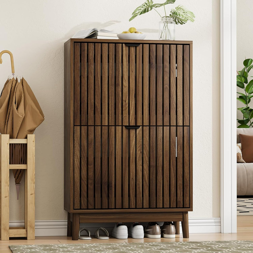 Shoe Cabinet, Shoe Storage Cabinet for Entryway with 2 Slatted Flip Drawers, ...