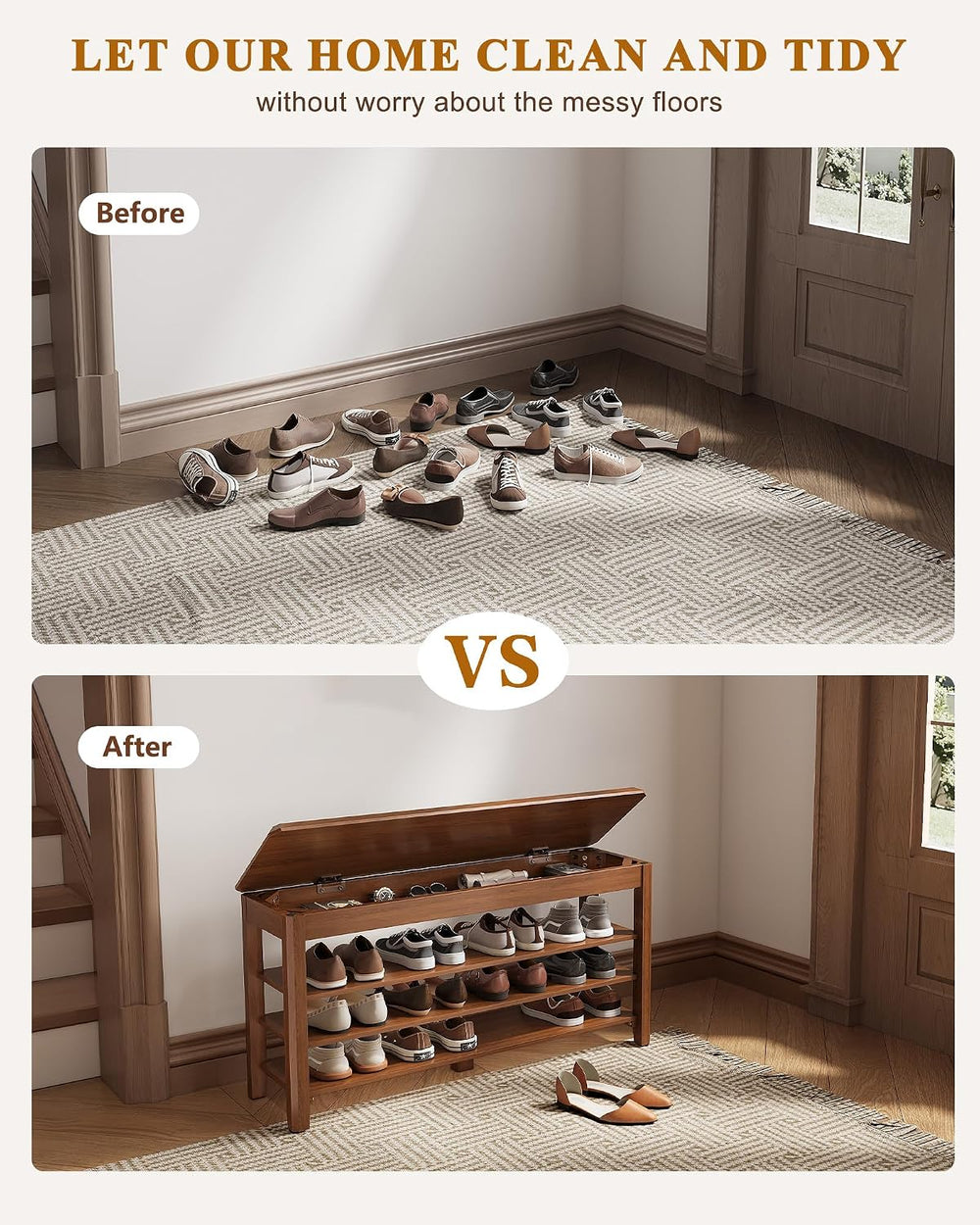 IUNVR Shoe Rack Bench Seat Rubberwood 3-Tier Wooden Storage Bench 550lbs Comp...