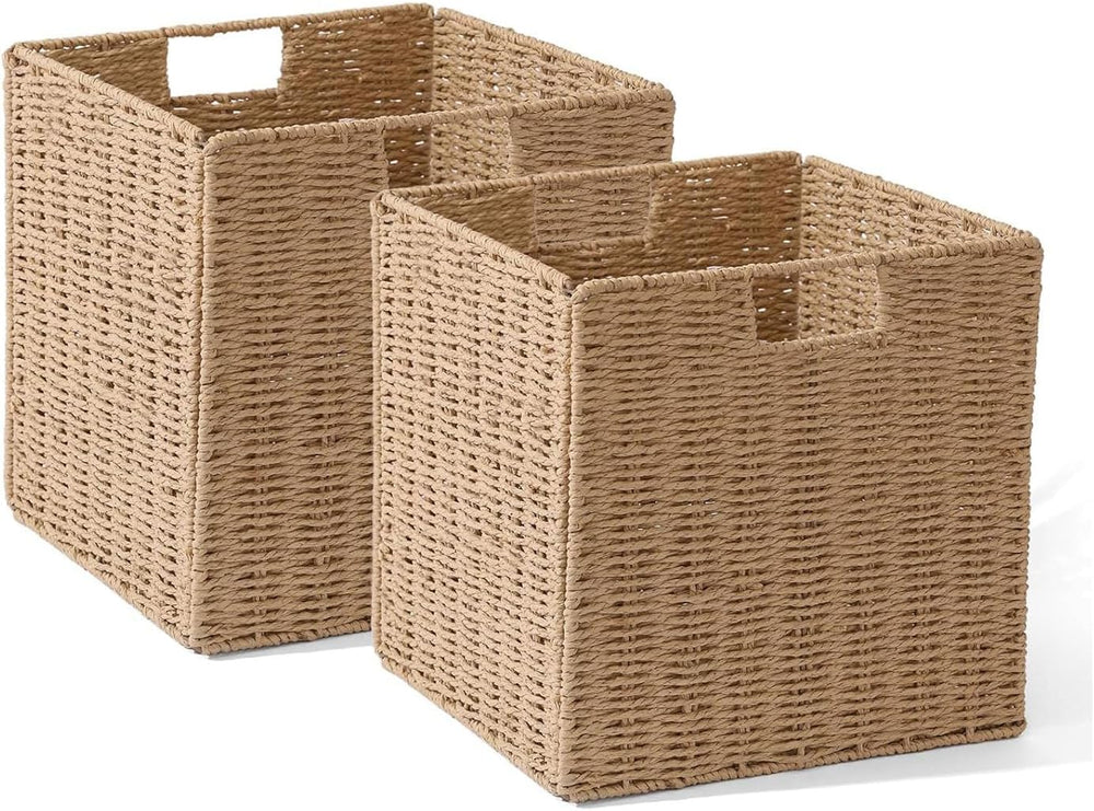 12x12x12in Wicker Storage Baskets for Shelves, Set of 2 Hand-Woven Paper Rope...