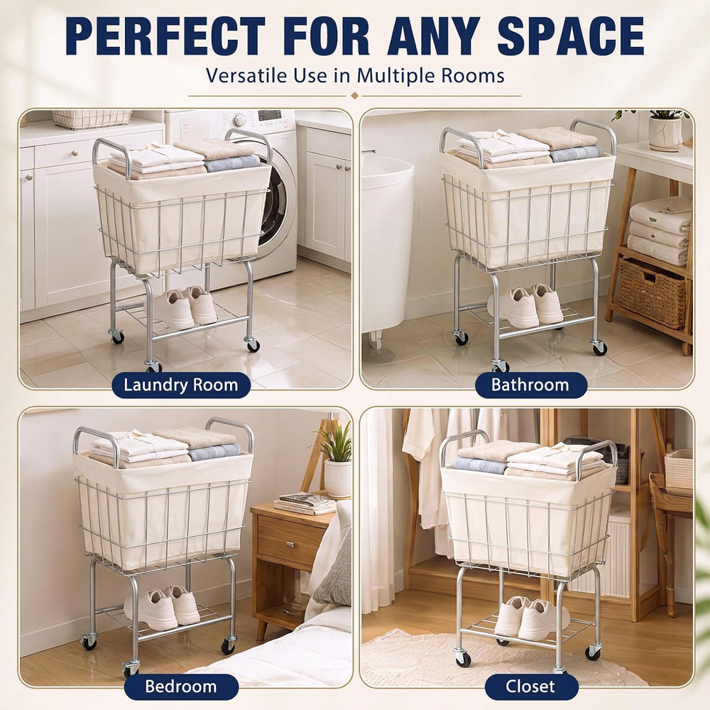 Rolling Laundry Basket with Wheels 26" Height Metal 2-Tier Cart