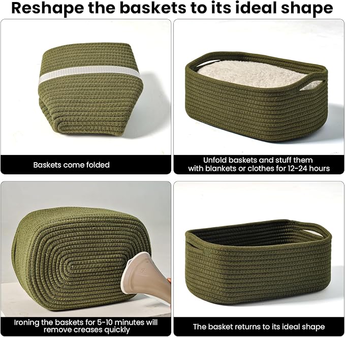Small Green Storage Baskets for Organizing Shelves, Cute Woven Baskets for - Image 7