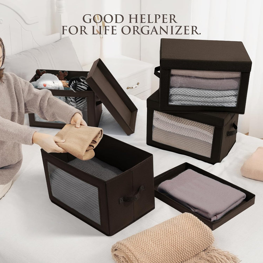 Homsorout Brown Fabric Storage Bins with Lids - 6 Pack Modern Lidded-Home Sto...